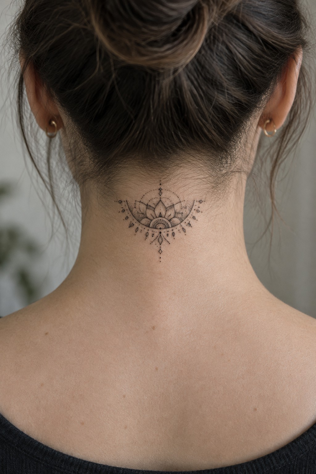 Small black fine-line lotus tattoo with dotwork and geometric details centered at the nape of a woman’s neck.