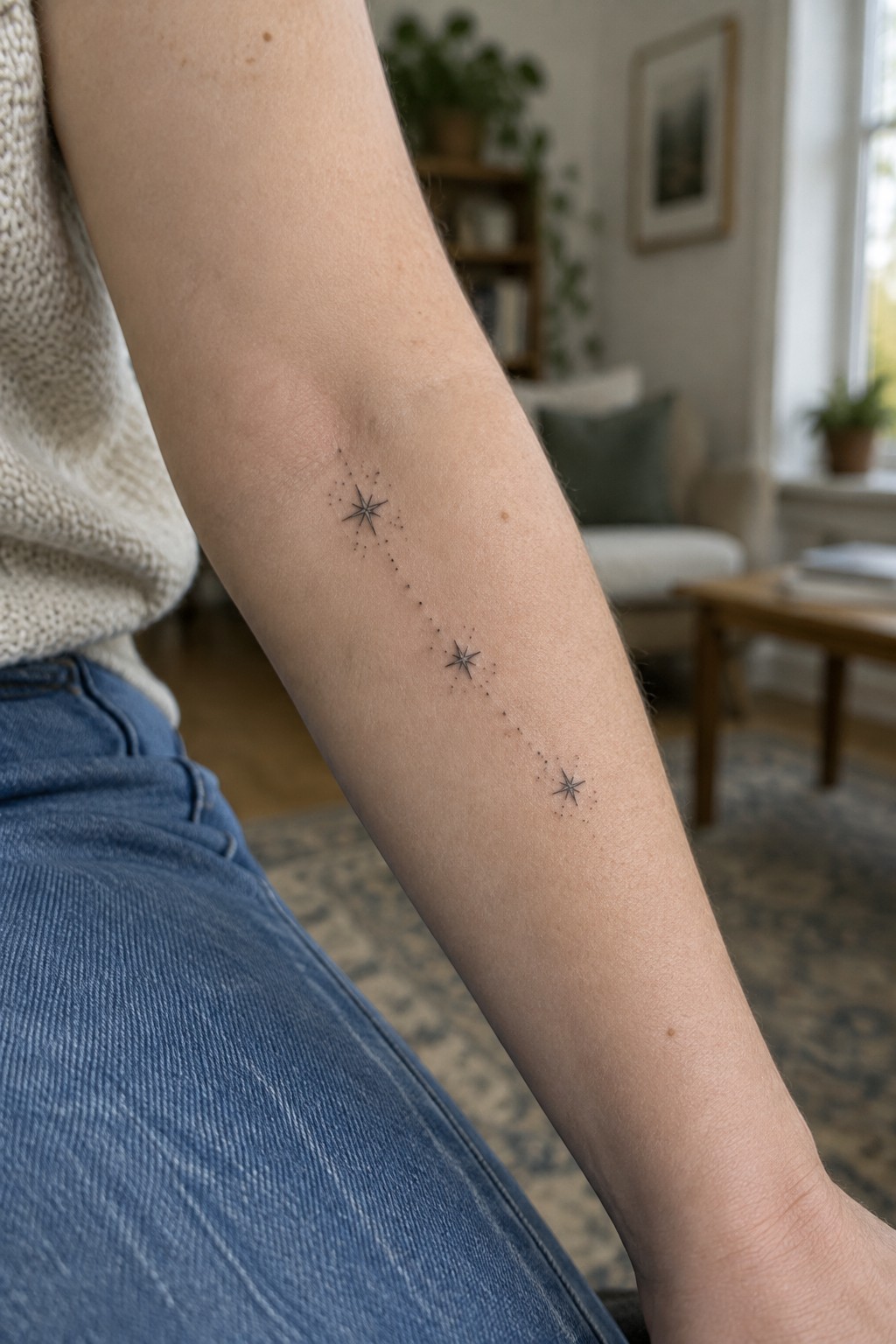 Small fine-line tattoo of three starbursts linked by dotted lines along a woman’s forearm.