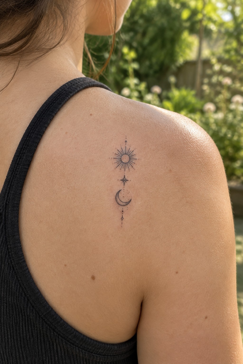 Small fine-line tattoo of a sun, star, and crescent moon arranged vertically on a woman’s shoulder.