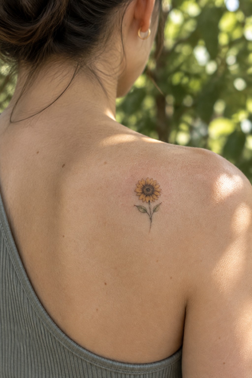 Small muted-color sunflower tattoo with a thin stem and two leaves on a woman’s upper shoulder.