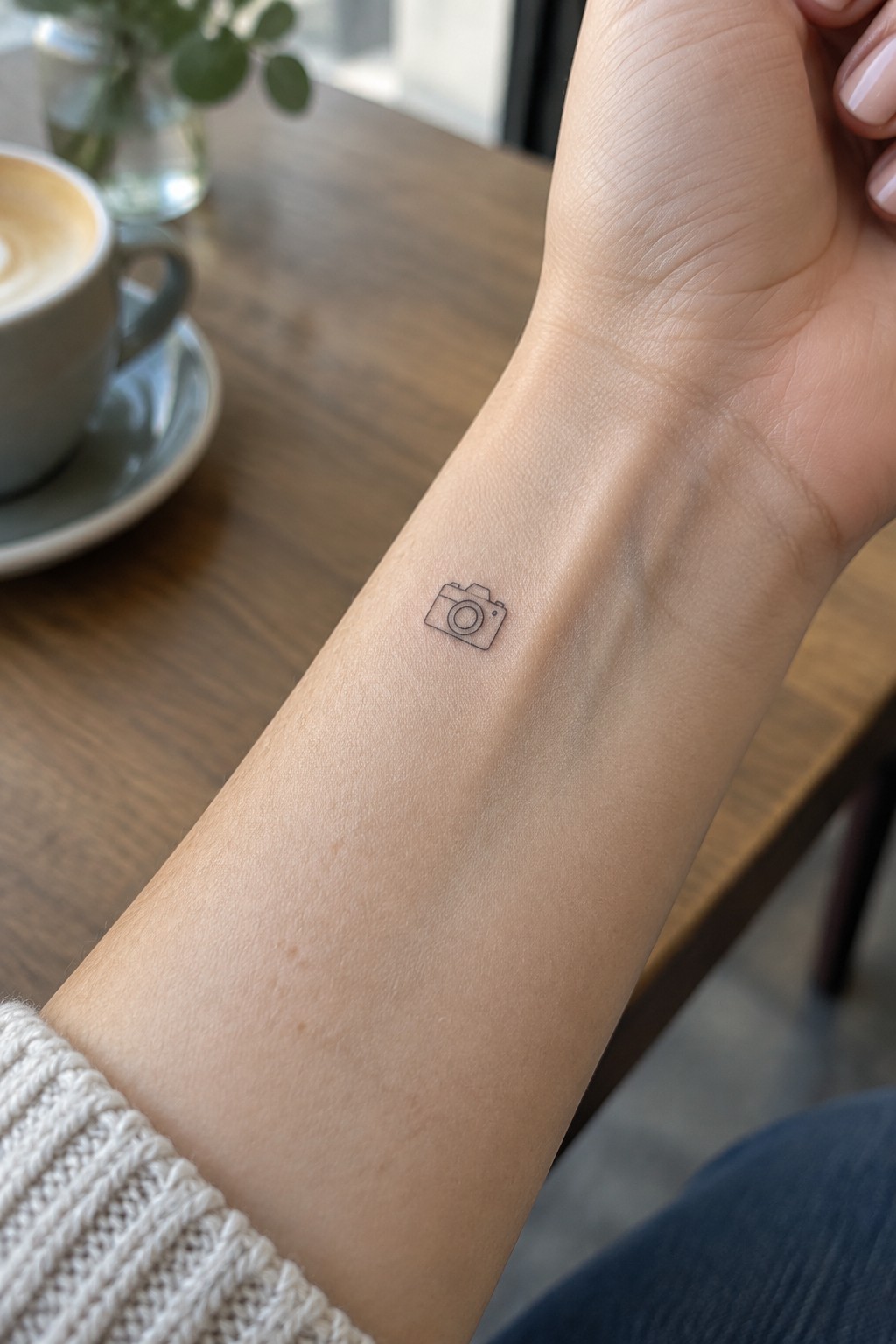 Small fine-line camera tattoo on the inner wrist.