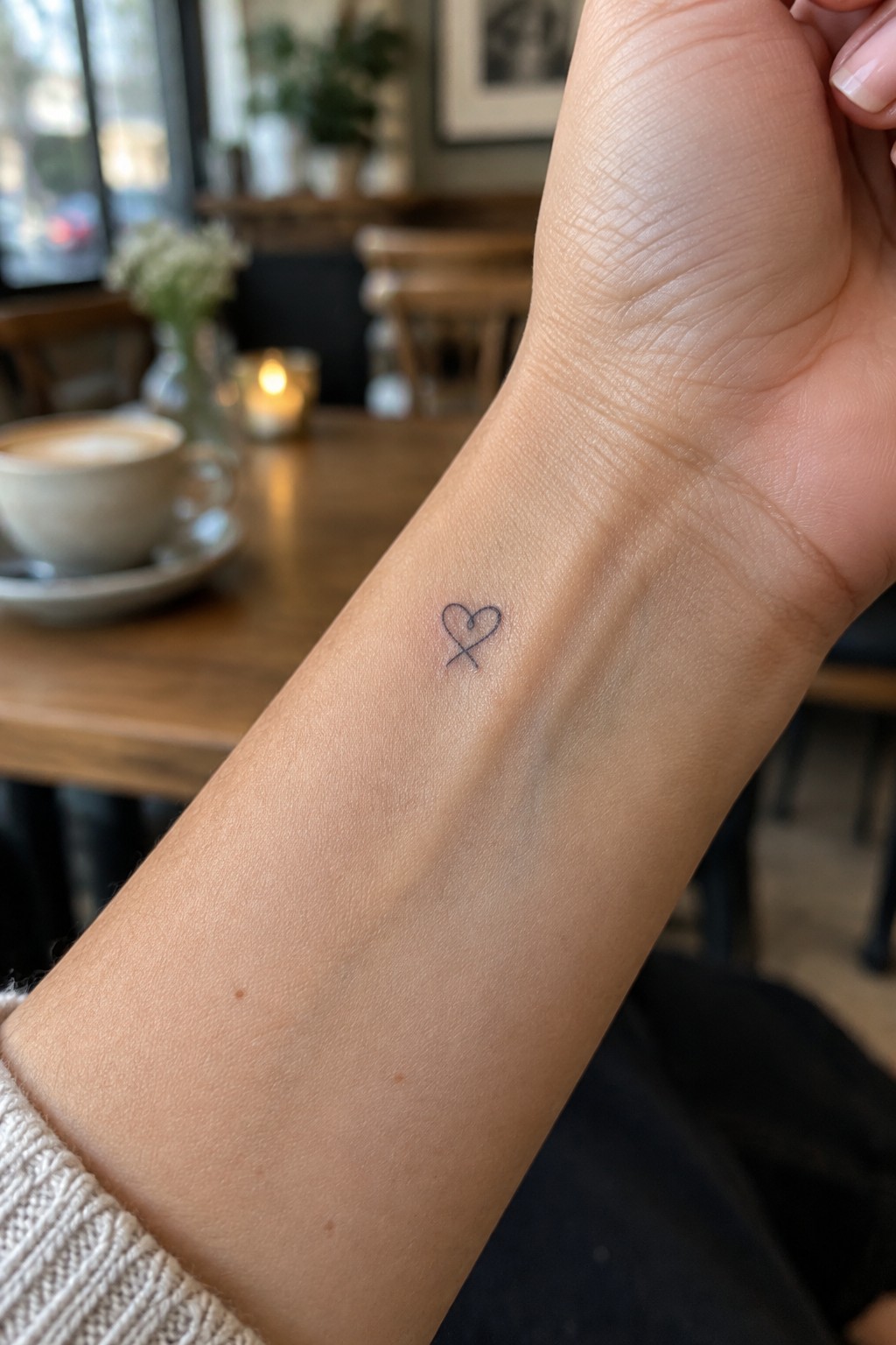 Small fine-line heart tattoo with crossed lines on the inner wrist.