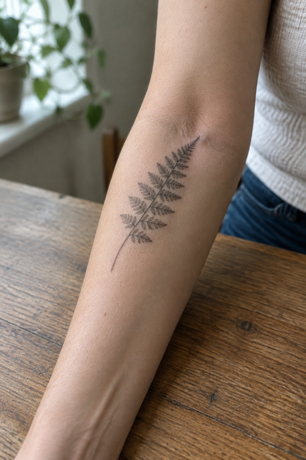Fine-line fern tattoo with delicate leaflets on the inner forearm.