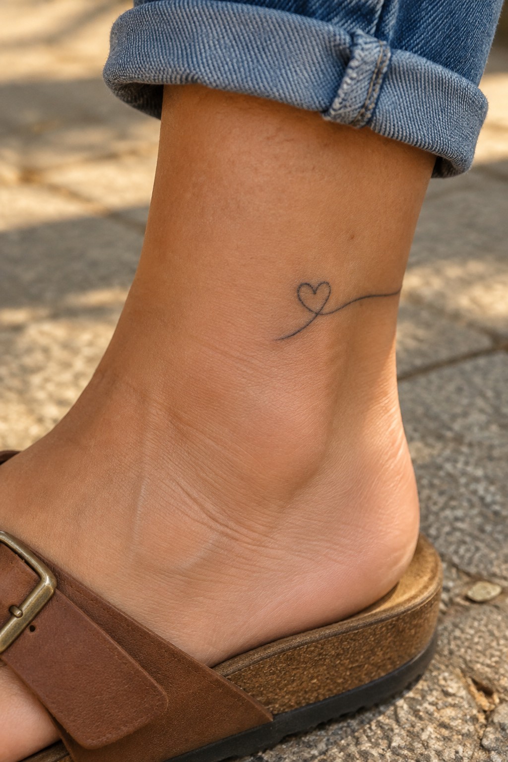 Small fine-line heart tattoo with a curved line on the outer ankle above a brown sandal.