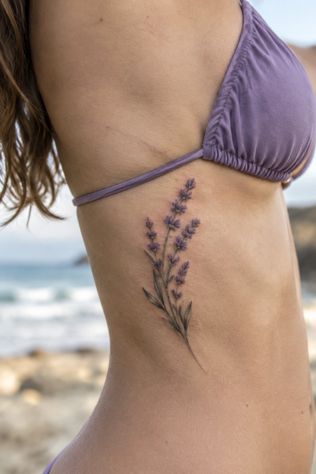Small purple lavender sprig tattoo on a woman’s side beneath a lavender bikini top.