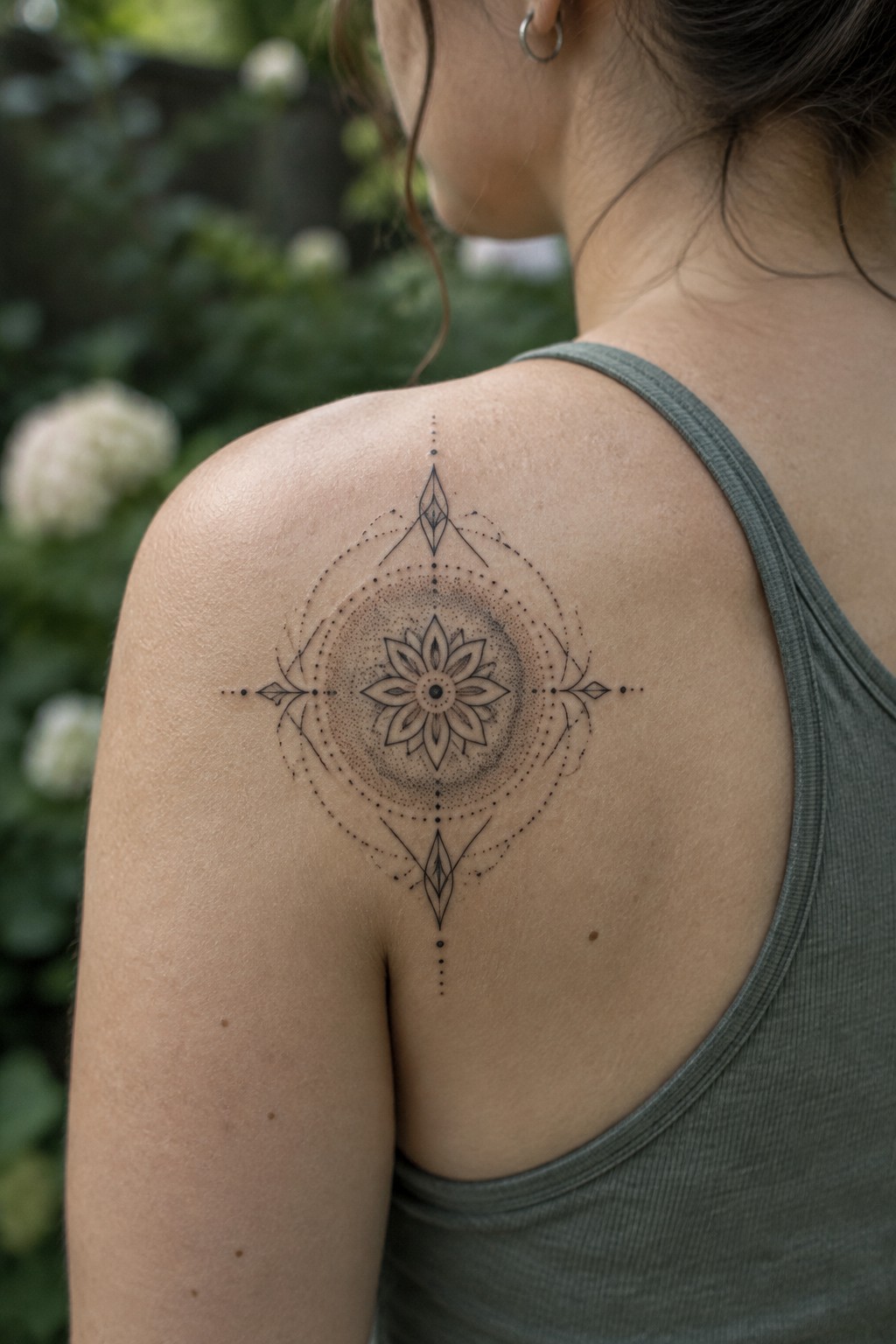 Fine-line floral mandala tattoo with geometric details on a woman’s upper shoulder.