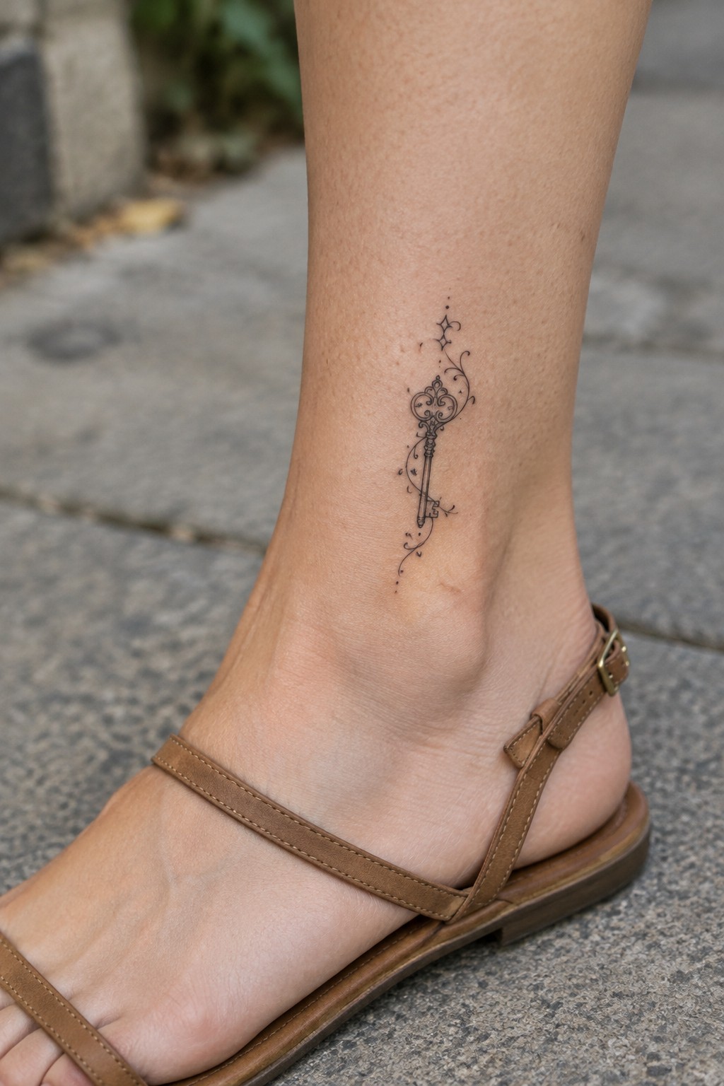 Fine-line ornate key tattoo with small decorative curls and dots on the outer ankle above a brown sandal.