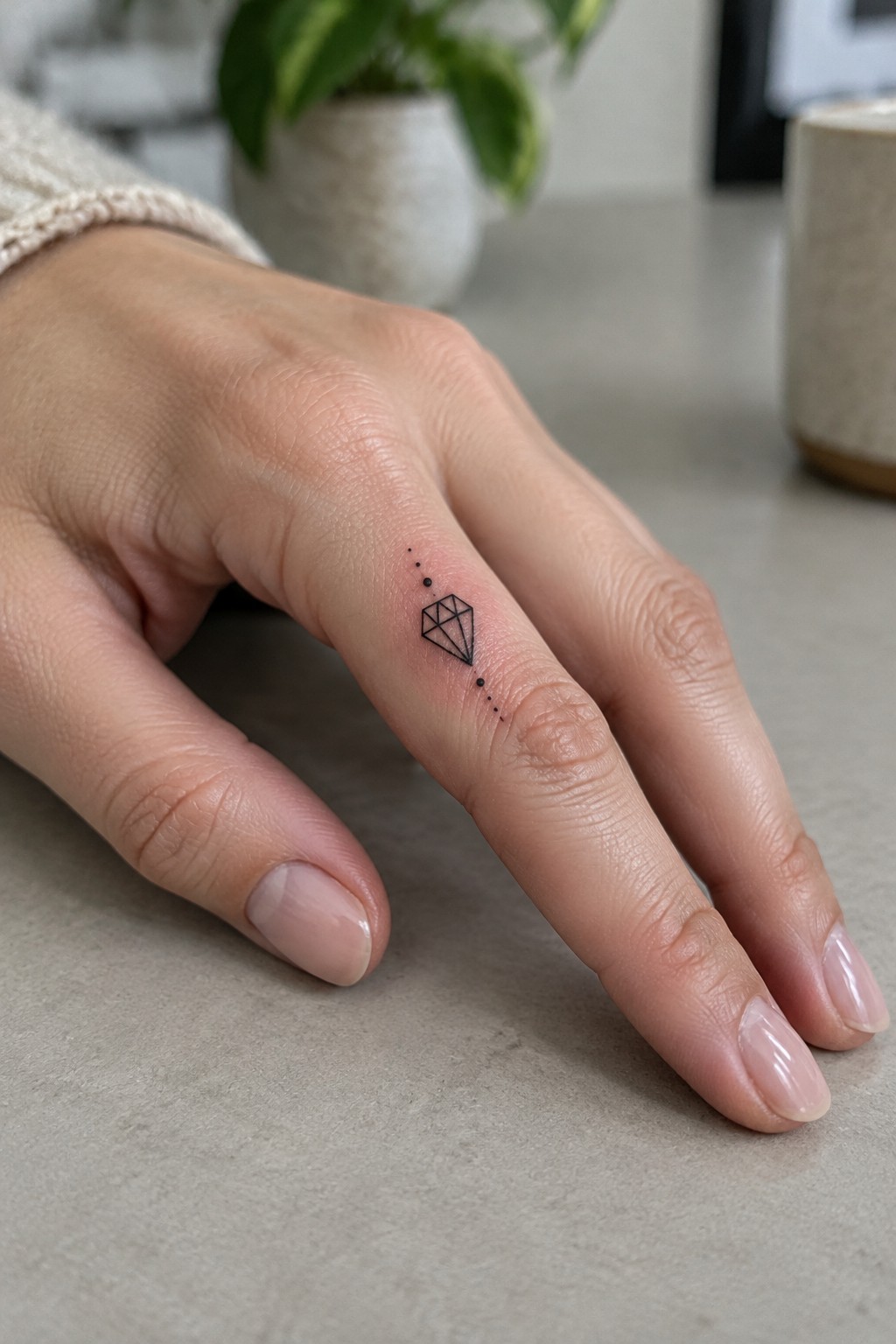 Small black geometric diamond tattoo with dotted accents on the side of a finger.