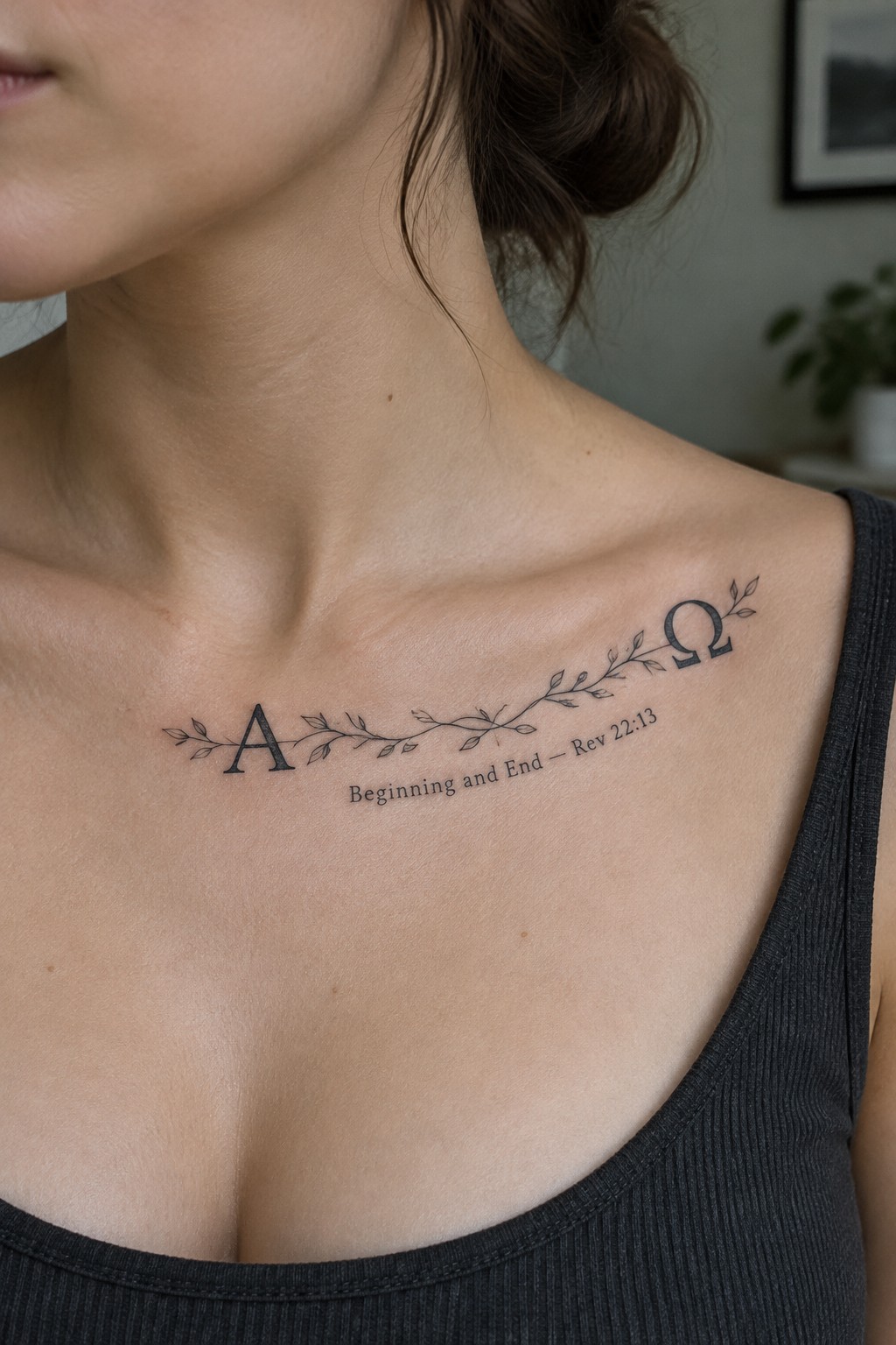 Woman's chest tattoo shows A and Ω linked by leafy vine with scripture text