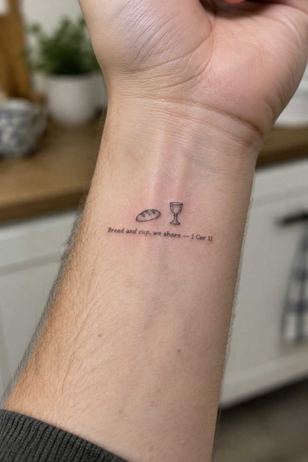 Wrist tattoo of bread loaf, chalice, and text