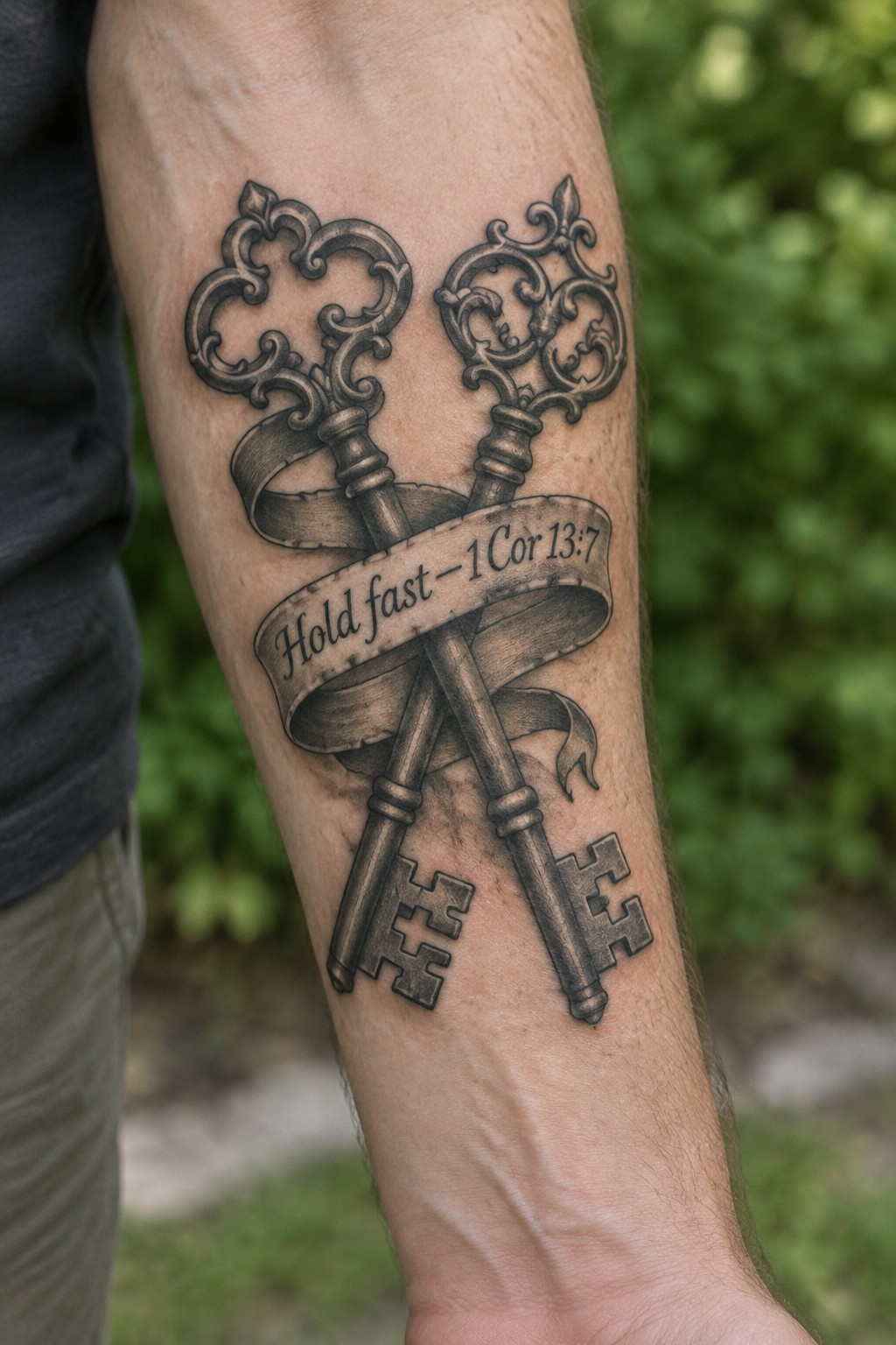 Black and grey tattoo of two crossed ornate keys with banner on forearm.