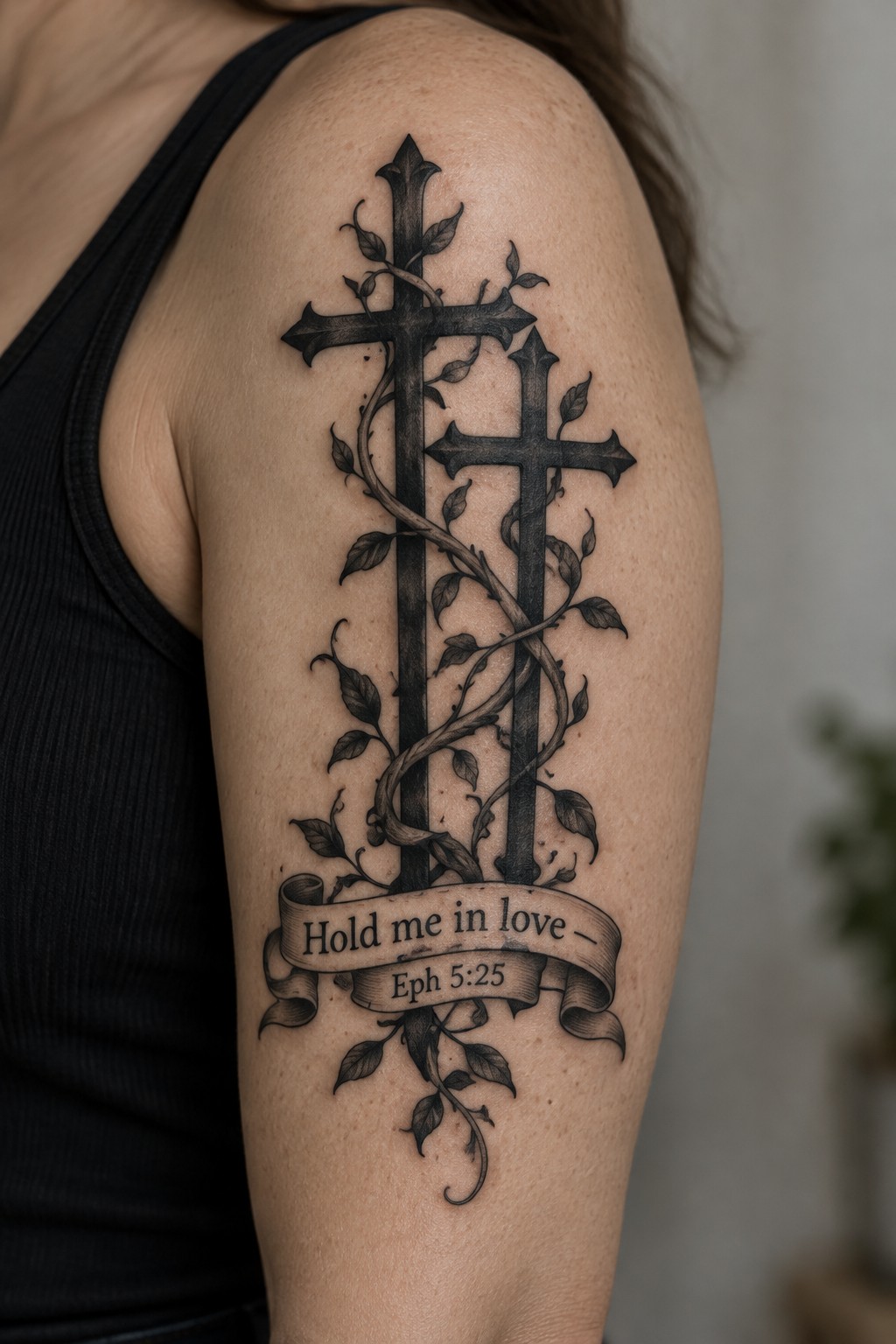 Two ornate black crosses wrapped in vines with leaves and love banner tattoo on shoulder