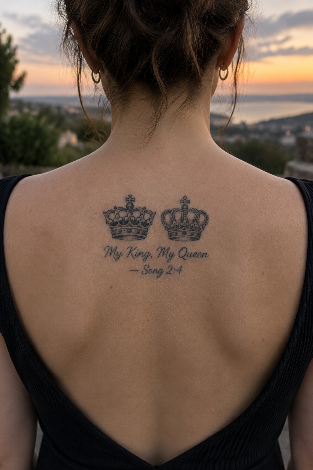 Woman's back with two crowns tattoo and