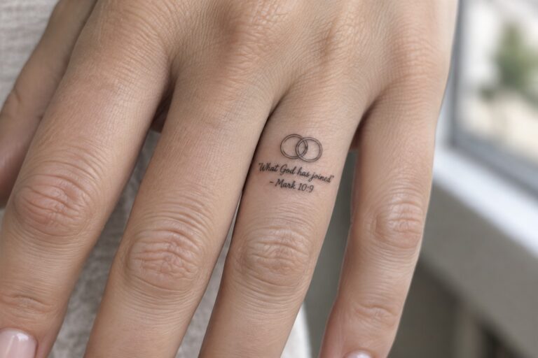 21 Biblical Marriage Tattoos Featuring Paired Symbols and Meaningful Verses Ring finger with black tattoo of two linked circles and Mark 10:9 text