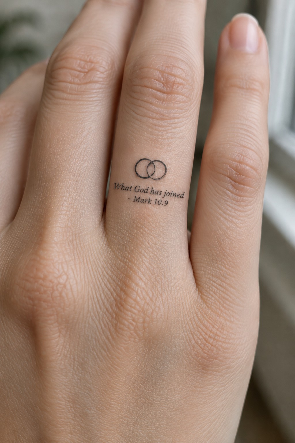 Ring finger with black tattoo of two linked circles and Mark 10:9 text