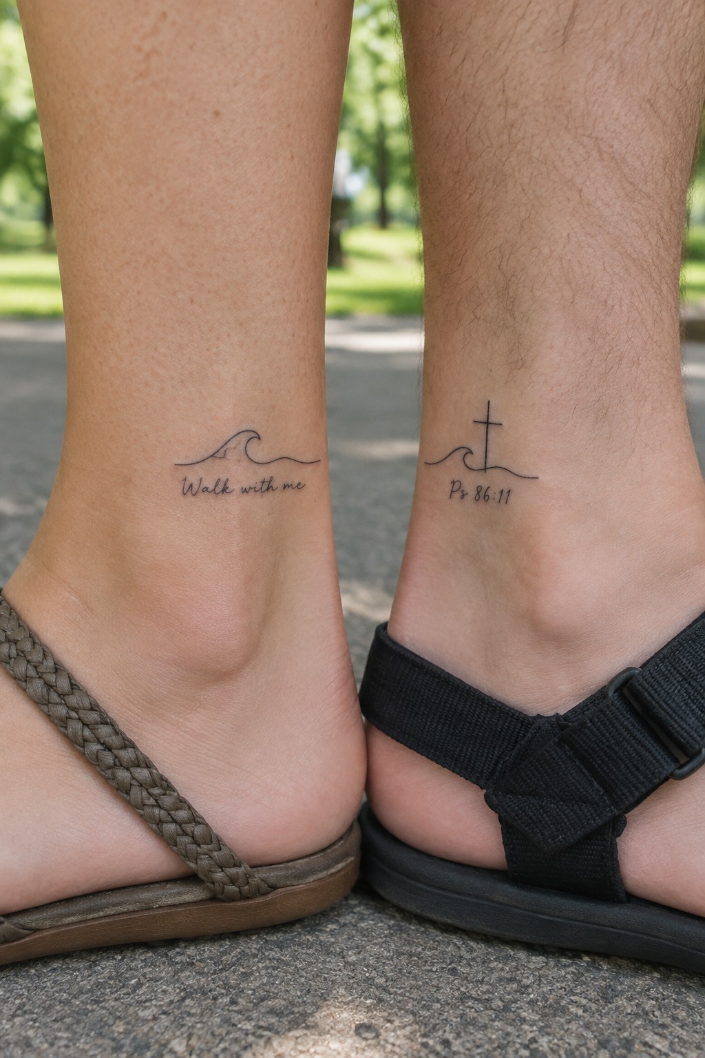 Close up of two ankles side by side showing matching wave tattoos one with the text walk with me and the other with a cross and psalm 86 11 reference