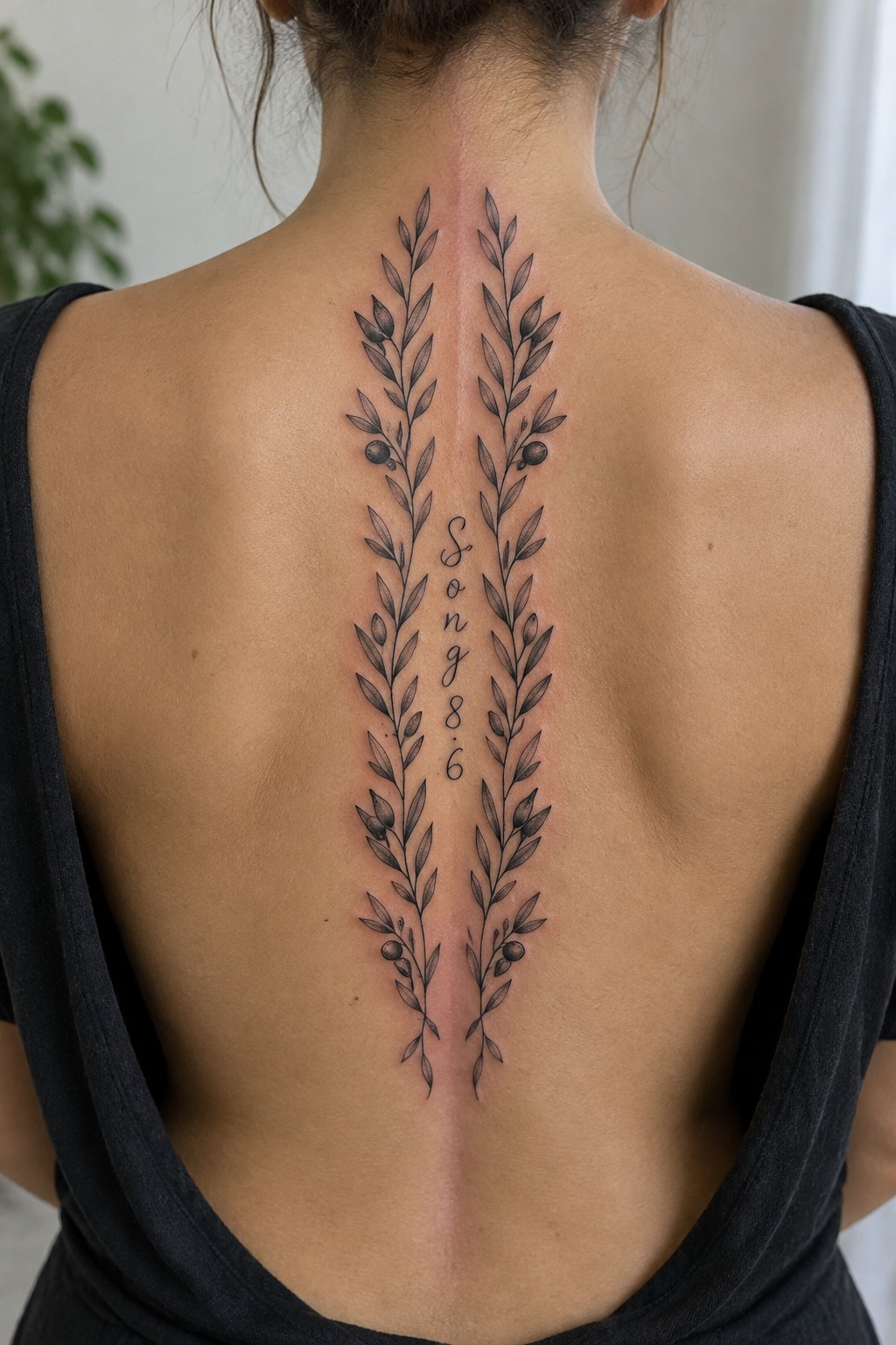 Symmetrical olive branch tattoo running down a woman's spine with the text Song 8:6 centered between the branches.