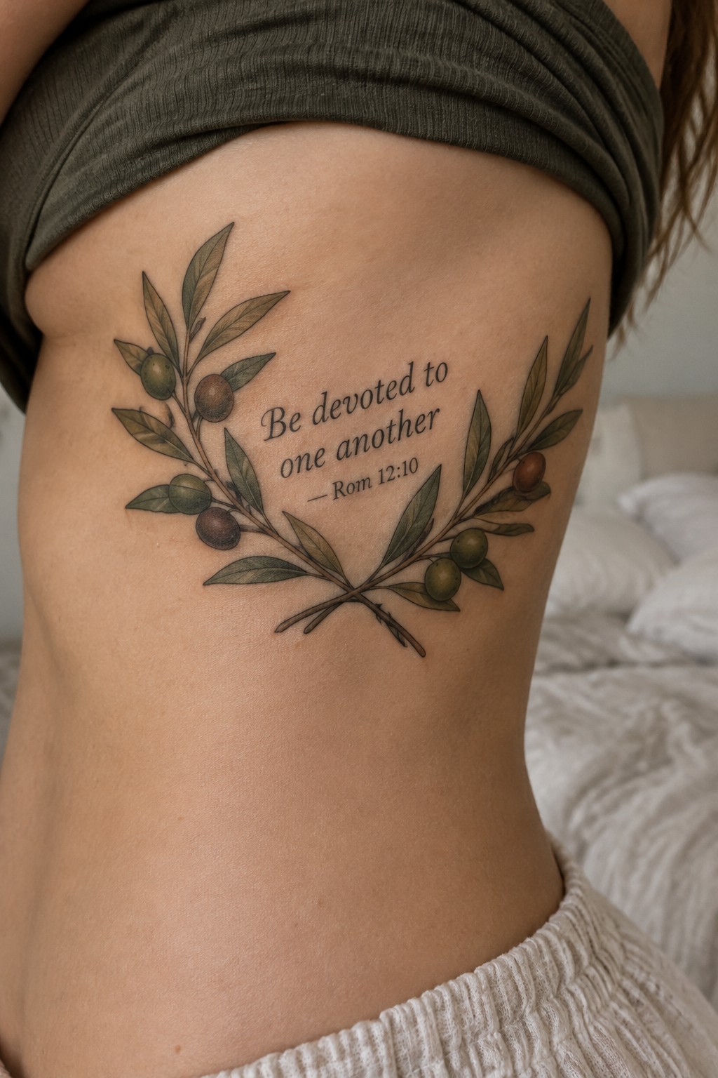Green shirt lifted revealing olive wreath tattoo with Bible verse on torso