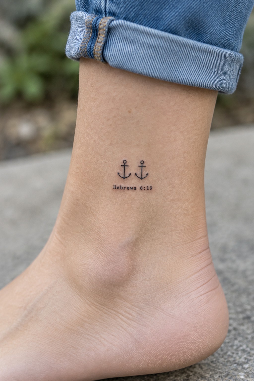 Ankle with two small anchor tattoos and Hebrews 6:19 text under rolled blue jeans