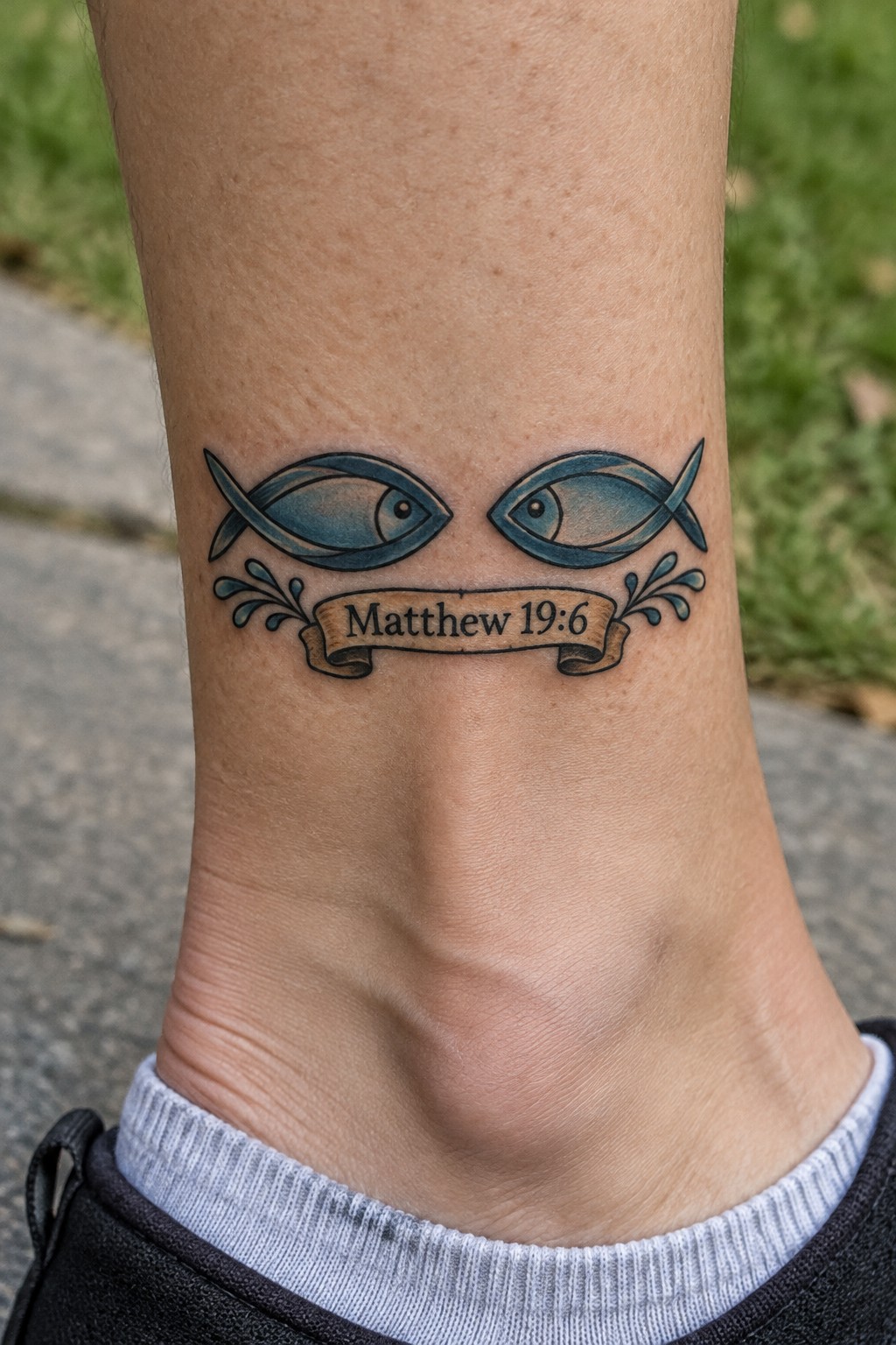 Two blue fish tattoos with Matthew 19:6 banner on ankle above sock