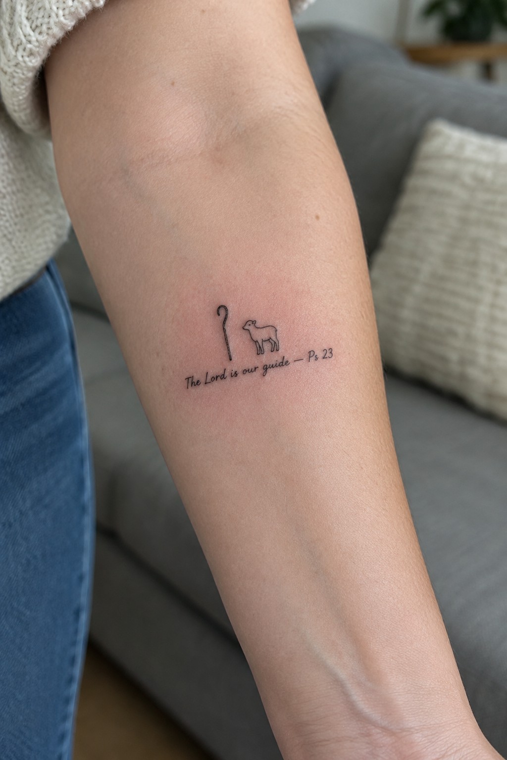 Arm tattoo with black ink lamb, shepherd's crook, and