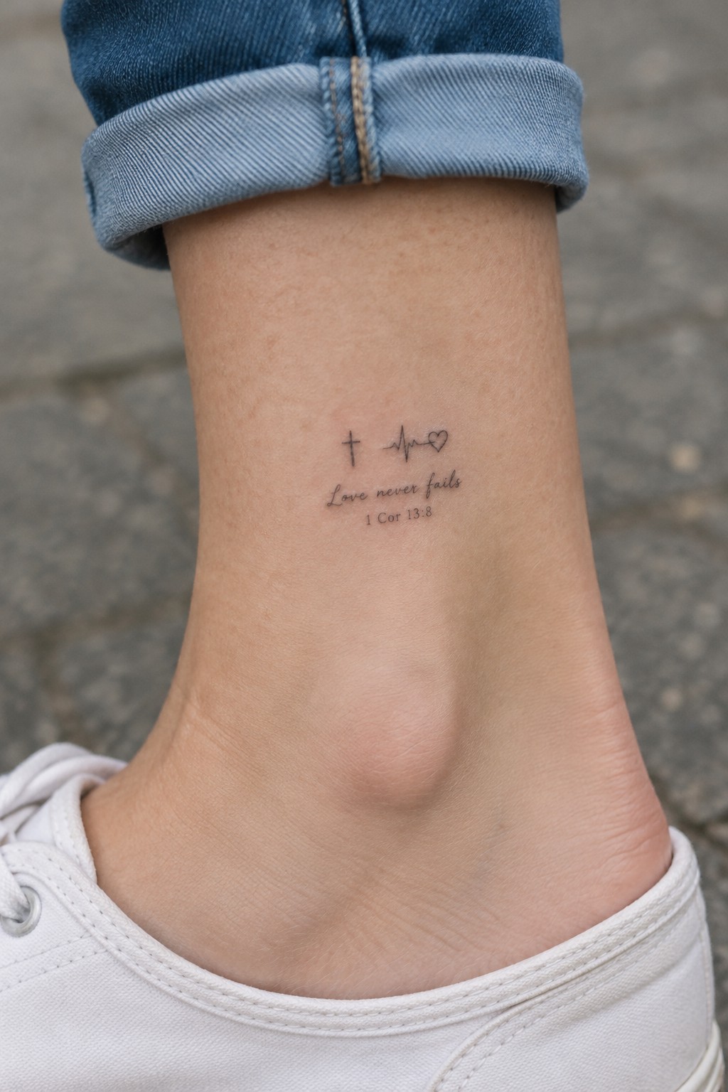 Tattooed ankle with cross, heartbeat heart,