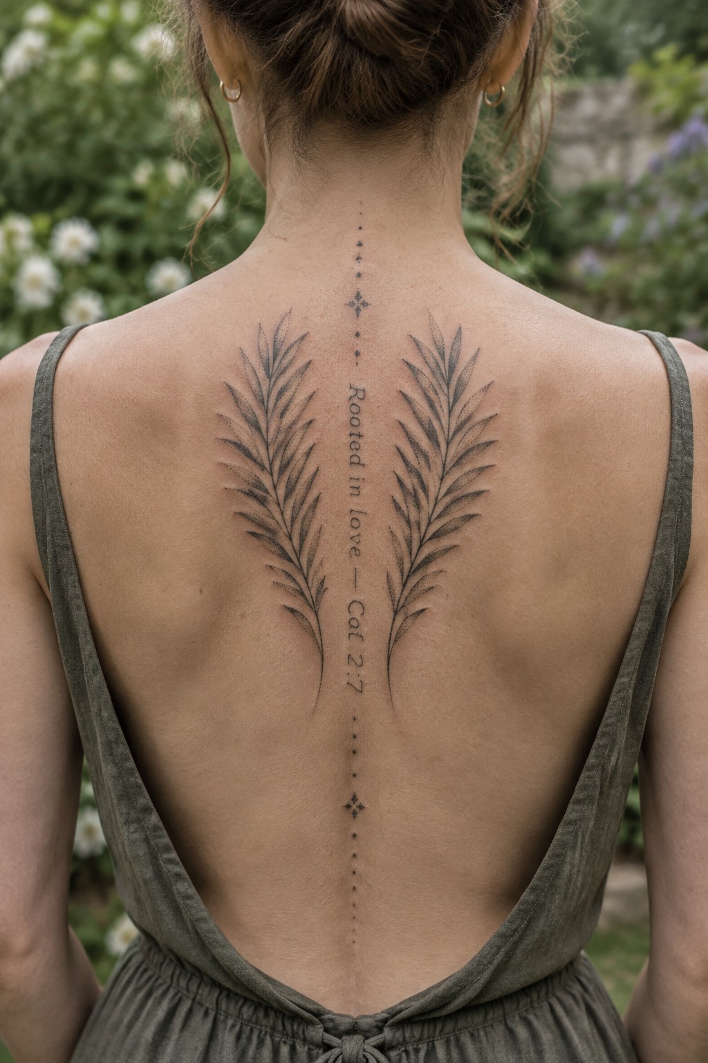 Woman's upper back tattoo showing two symmetrical leafy branches flanking the spine with a central dotted line and the text