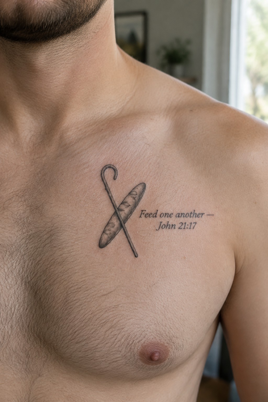 Shirtless man's chest with black tattoo of crossed crook and baguette beside text