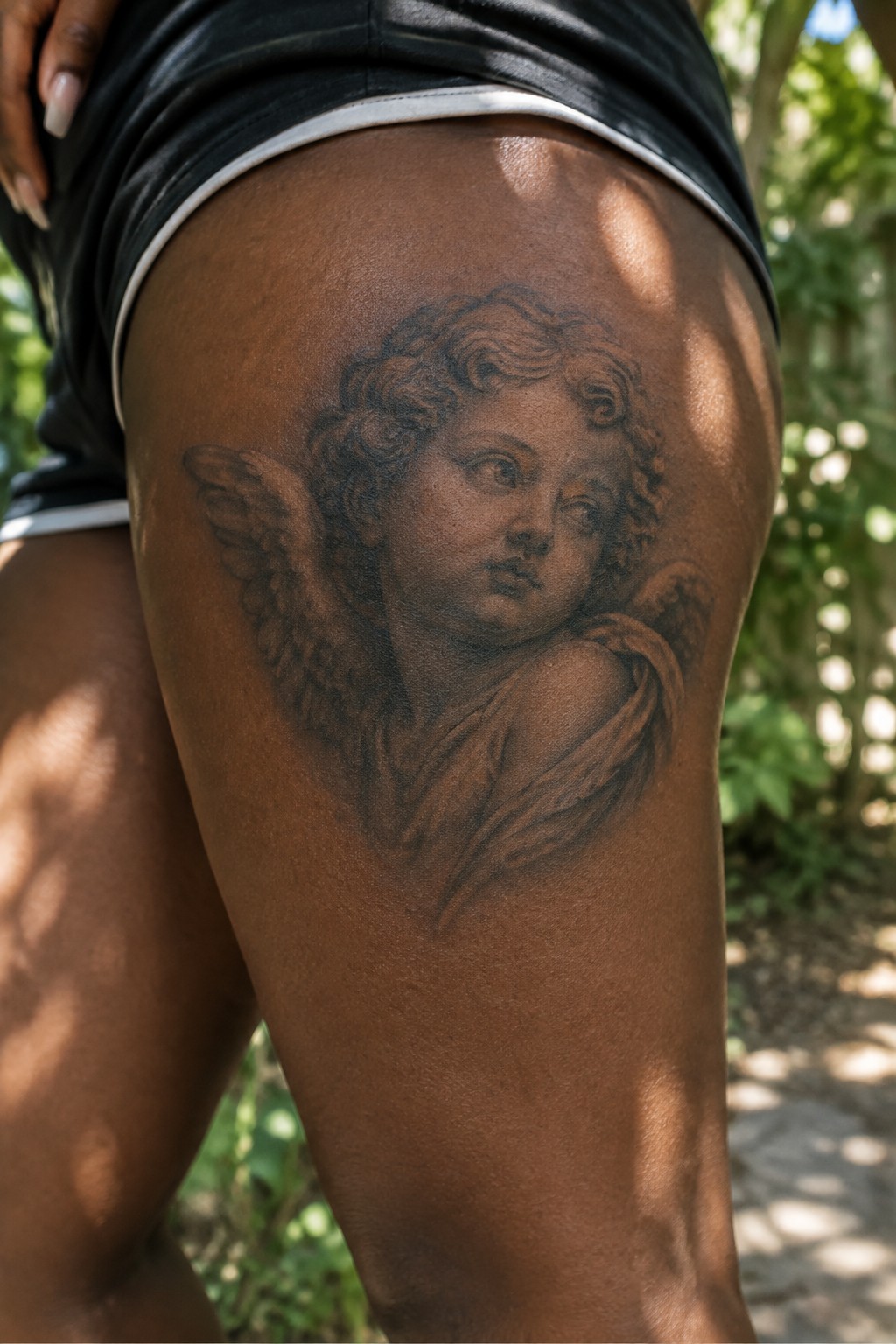 Black and grey cherub tattoo on dark thigh beneath black shorts with white trim
