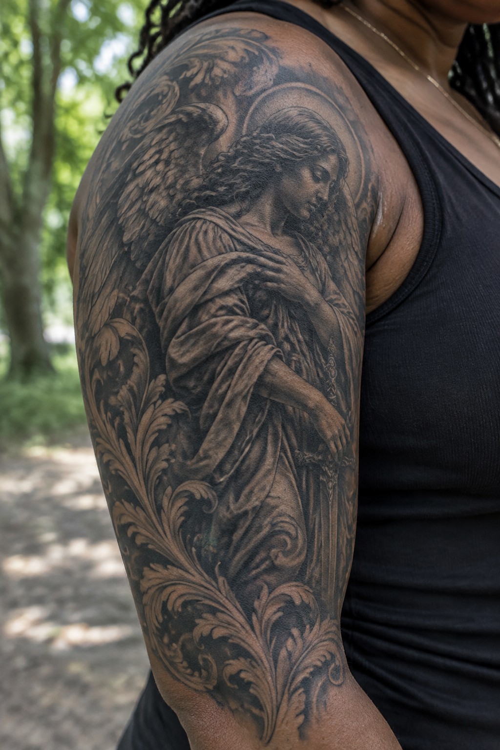Black and gray angel tattoo with sword on shoulder of person in black tank top outdoors
