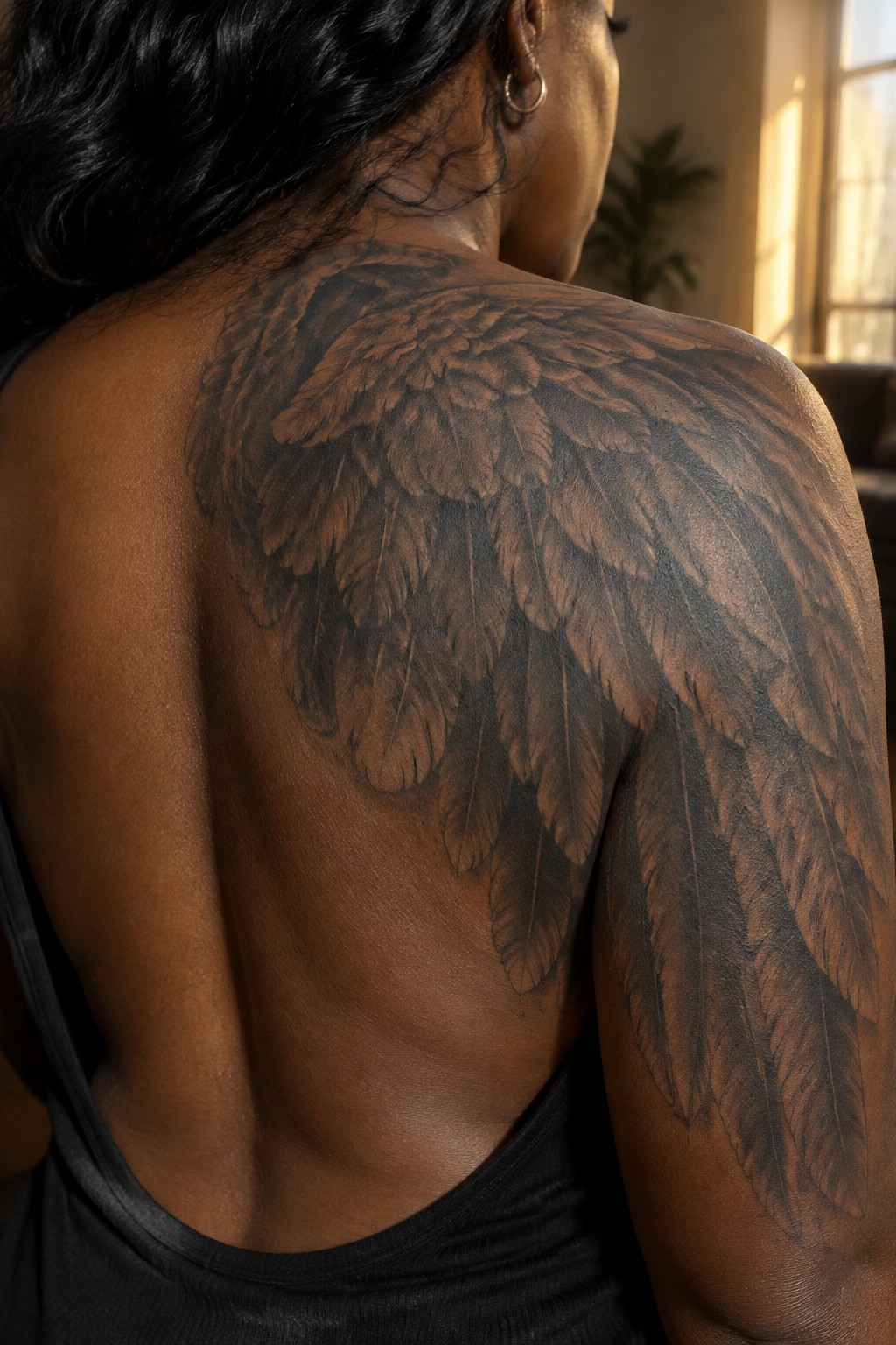 Woman's back with large feathered wing tattoo, black tank top, sunlit room