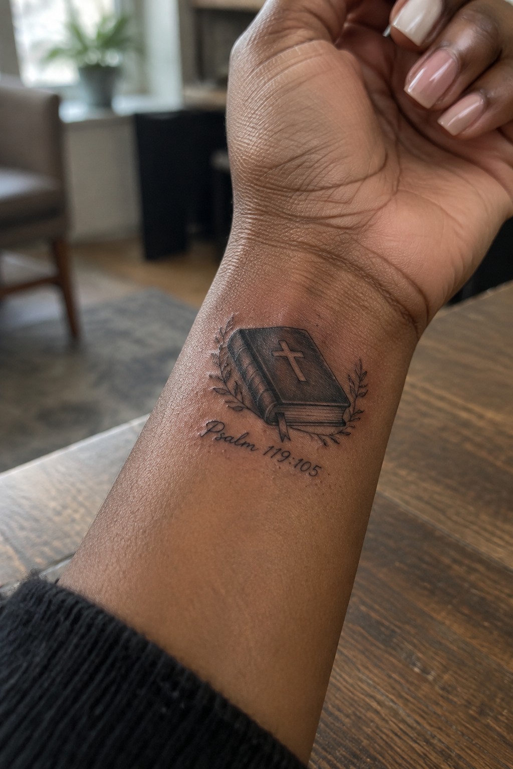 Wrist tattoo of Bible with cross and Psalm 119:105 on dark skin with black sleeve