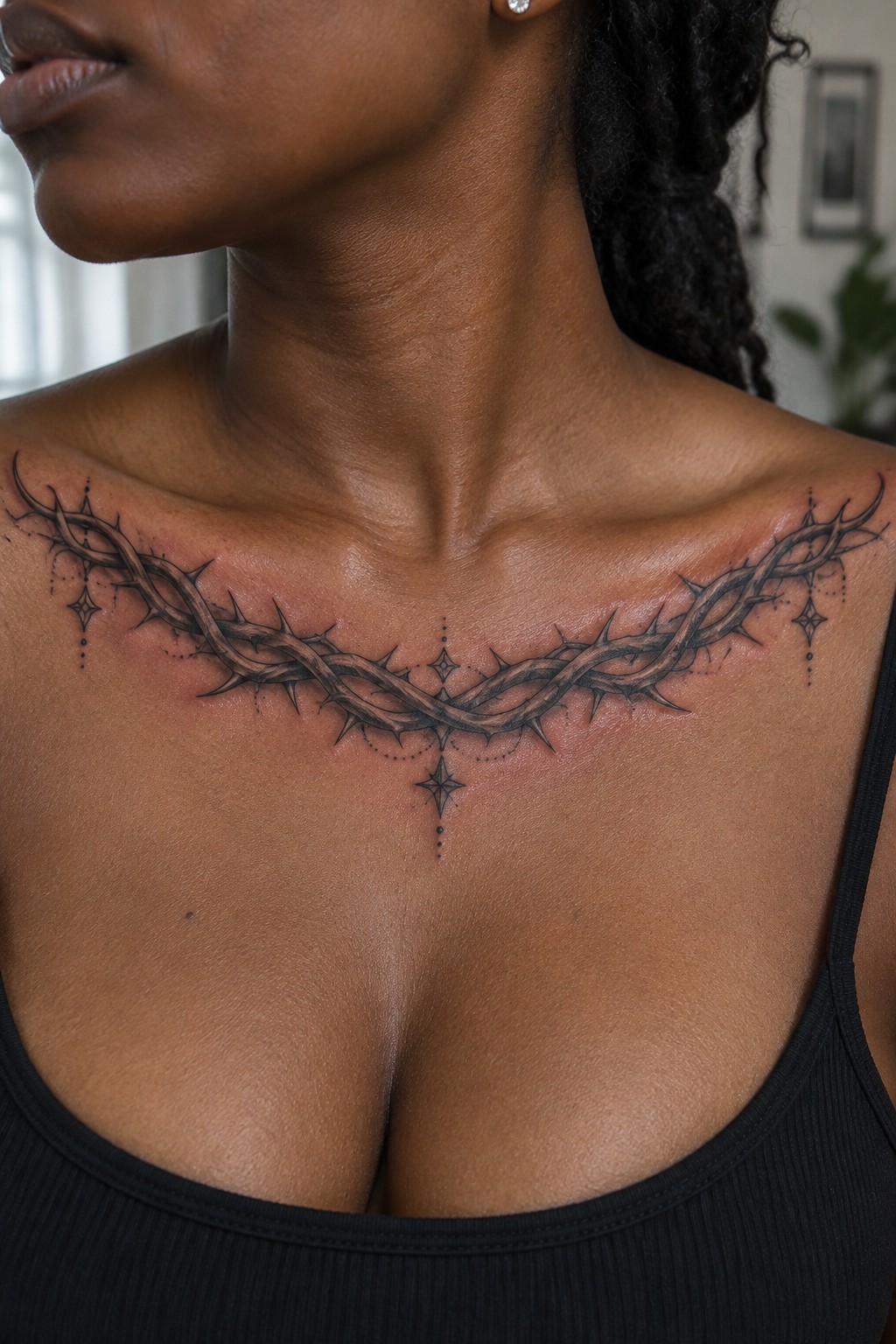 Crown of thorns tattoo with stars across collarbones above black tank top