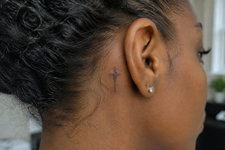 20 Biblical Tattoos for Black Women Featuring Black-and-Grey Biblical Artwork Small black and grey cross with rays tattooed behind the ear on dark skin