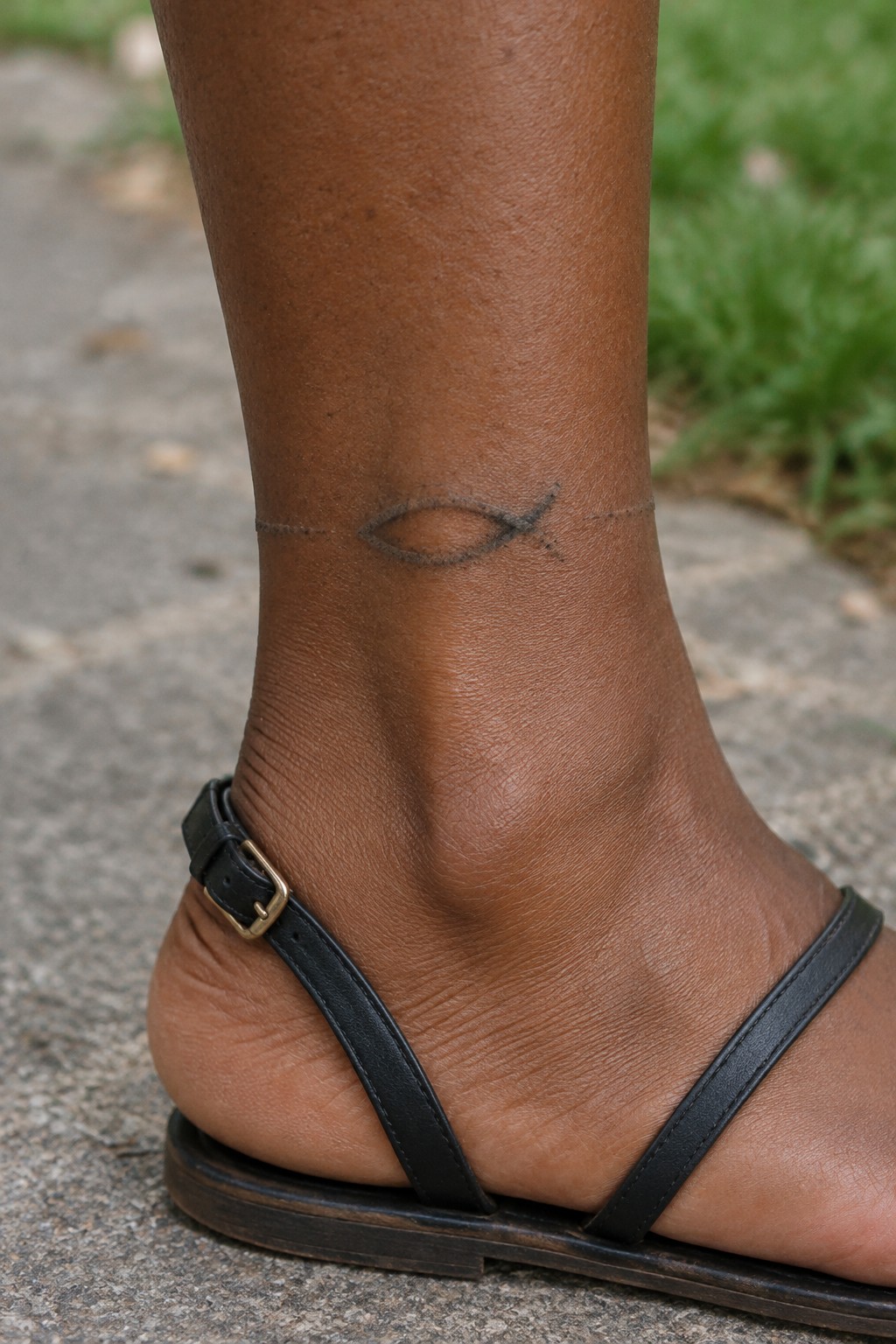 Brown ankle with fish tattoo above black buckled sandal on pavement.
