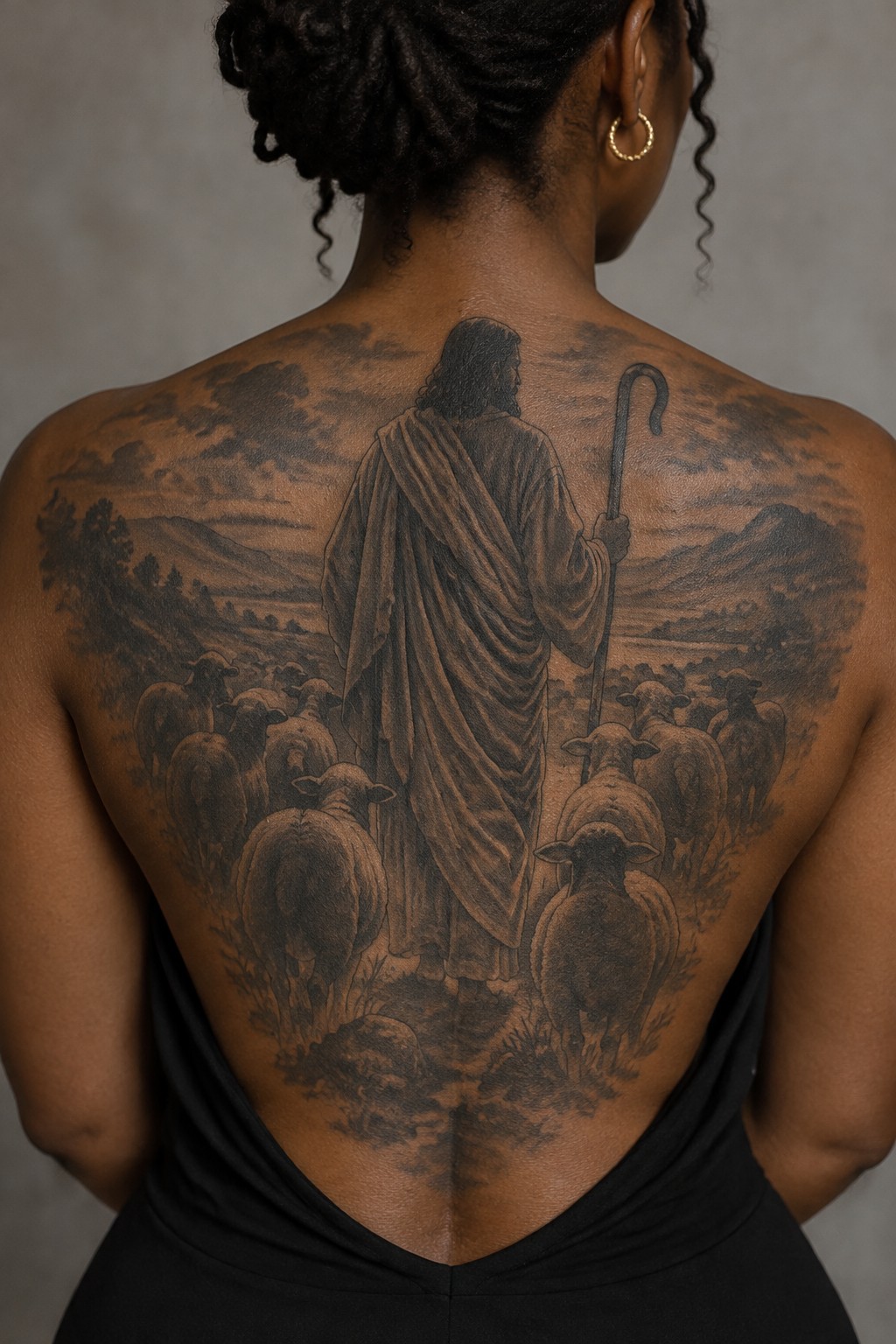 Black and grey full back tattoo of Jesus as the good shepherd holding a staff with a flock of sheep in a landscape with mountains and trees.