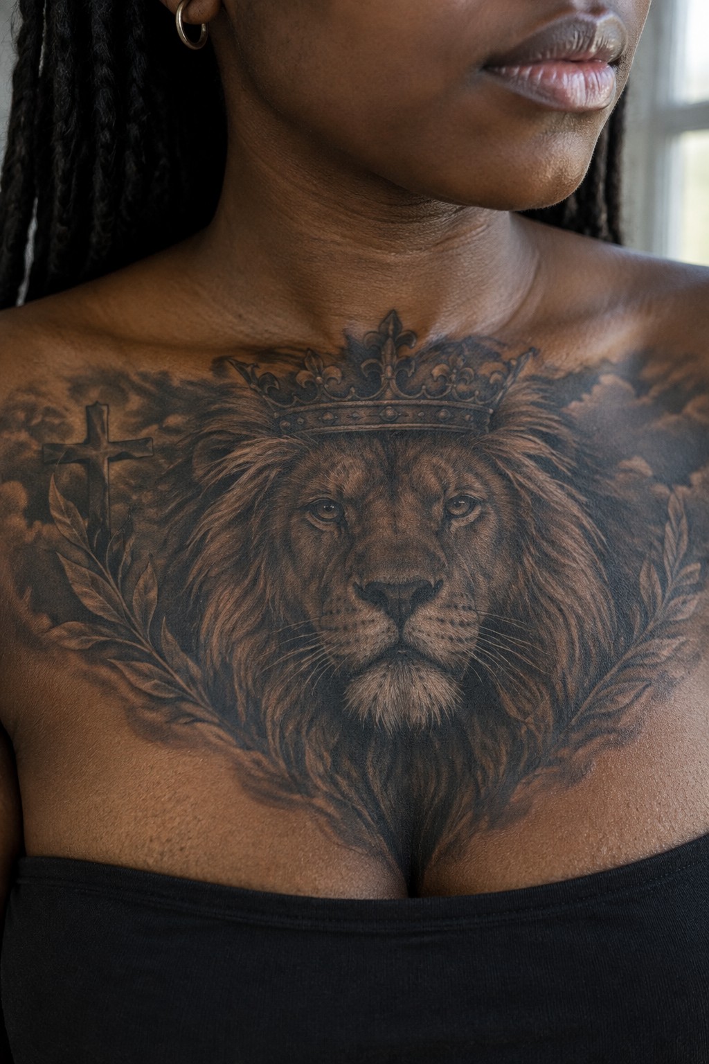 Crowned lion chest tattoo with cross and laurels above black off-shoulder top