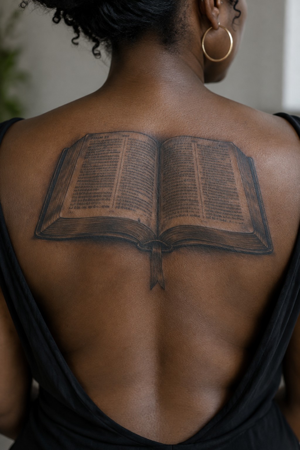 Woman's back with large open Bible Psalm 23 tattoo above black top