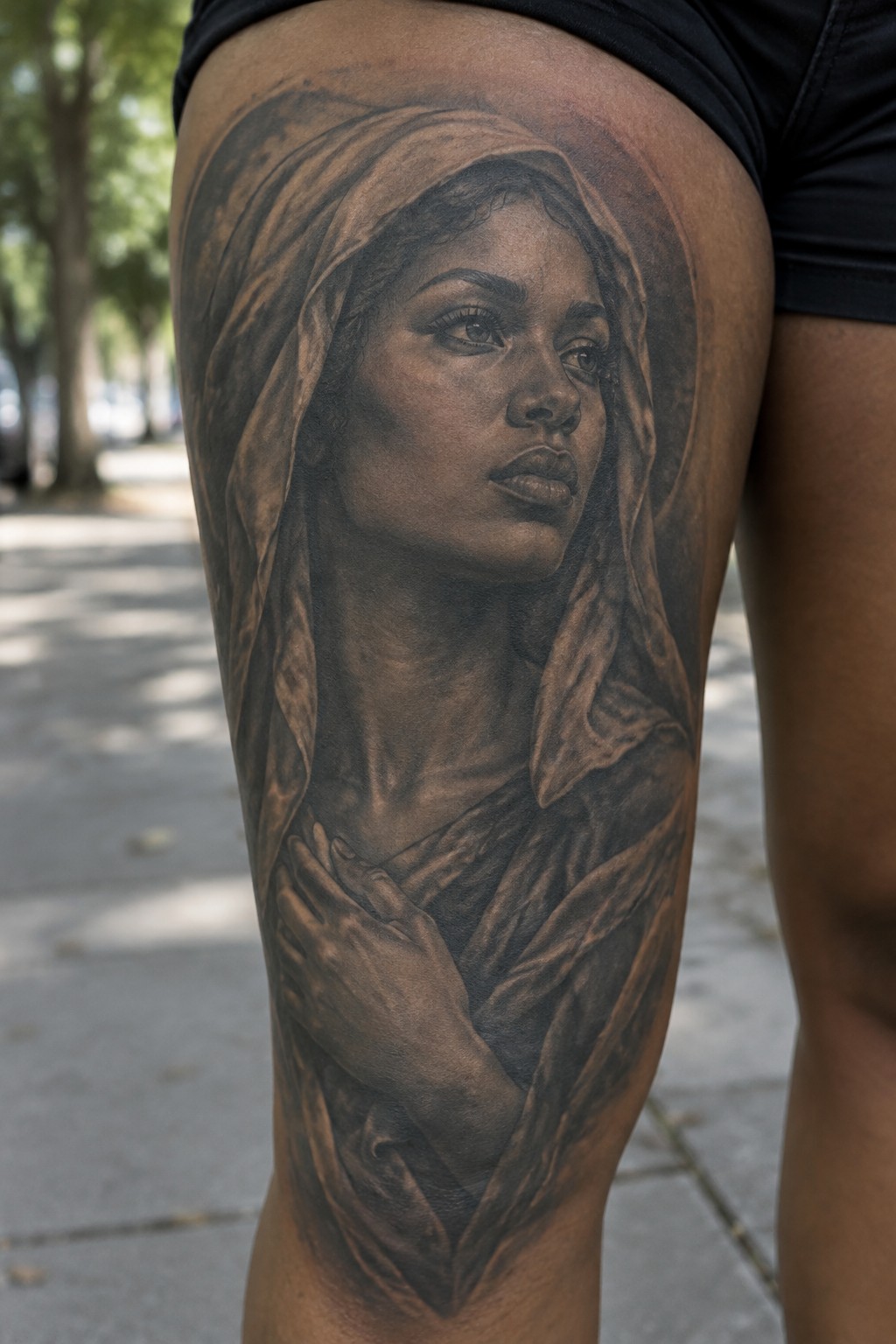 Black and grey realistic tattoo of a veiled biblical woman with hands crossed over her chest on the thigh