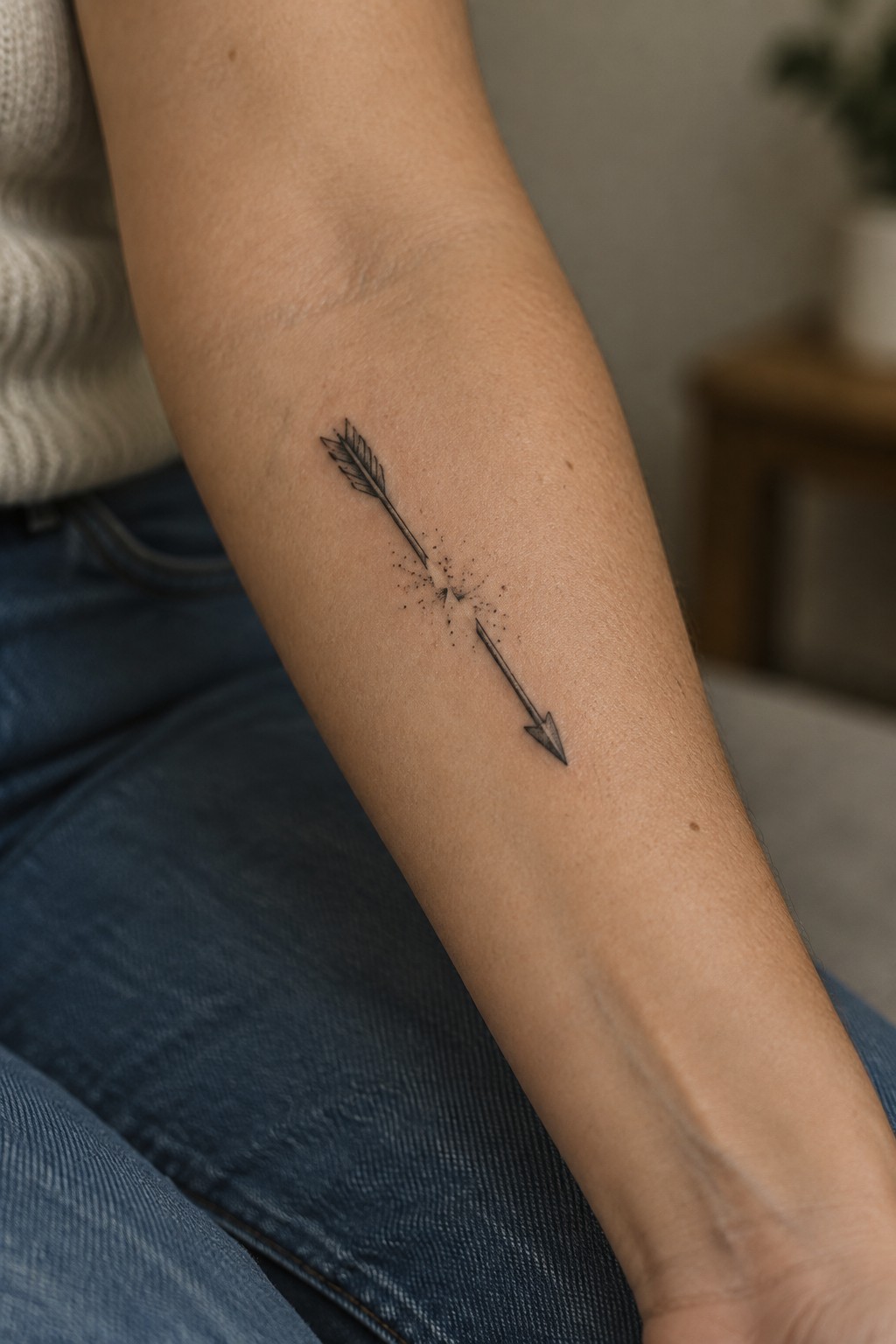Fine-line black arrow tattoo with a dotted break at the center, placed diagonally on the forearm.