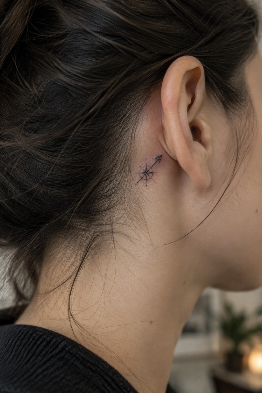 Small fine-line compass star and upward-pointing arrow tattoo behind a woman’s ear.