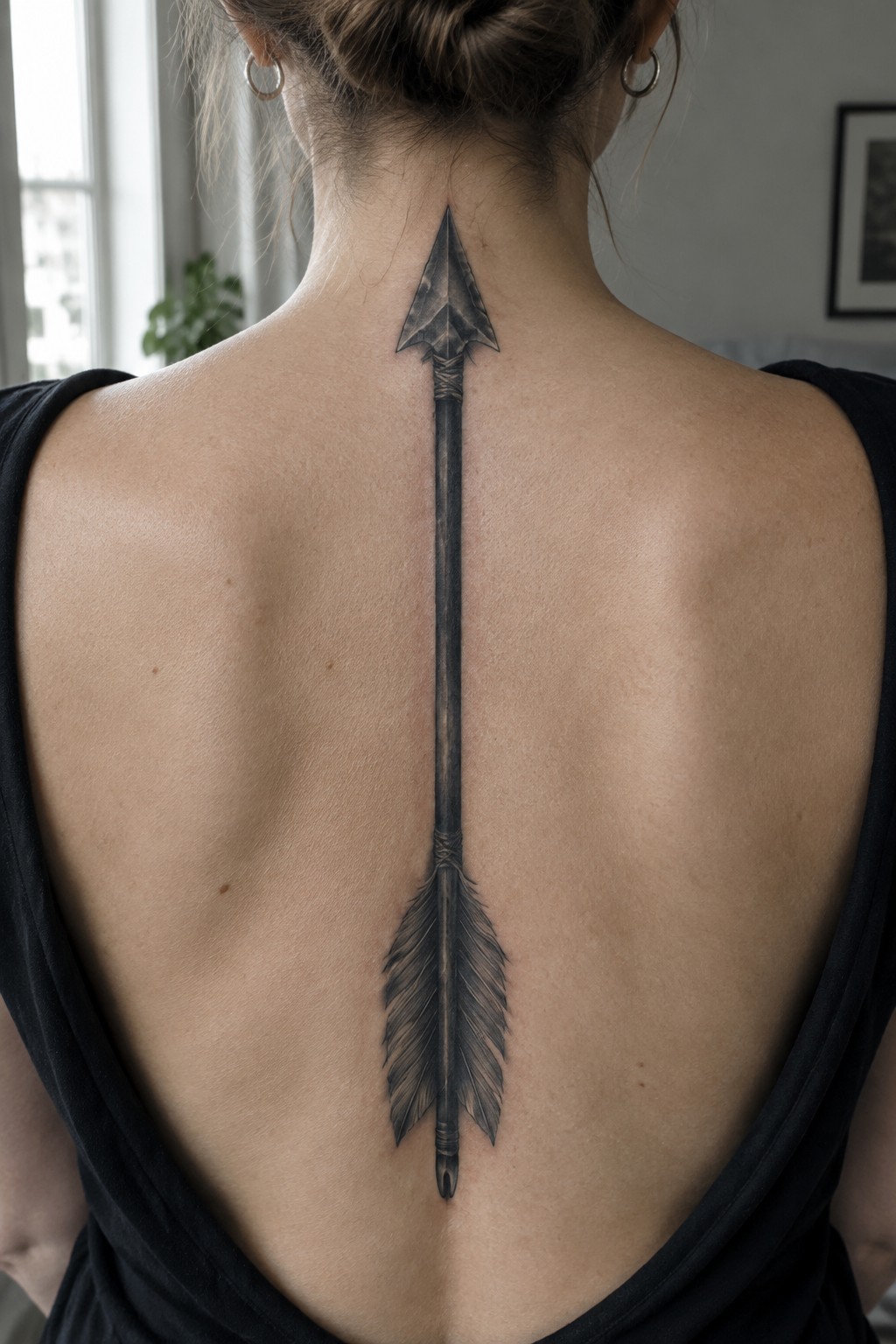Long black and gray arrow tattoo with feathered fletching centered down a woman’s back.