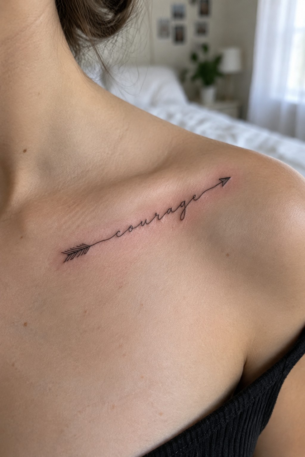 Fine-line black arrow tattoo with the word “courage” in cursive, placed diagonally along a woman’s collarbone.