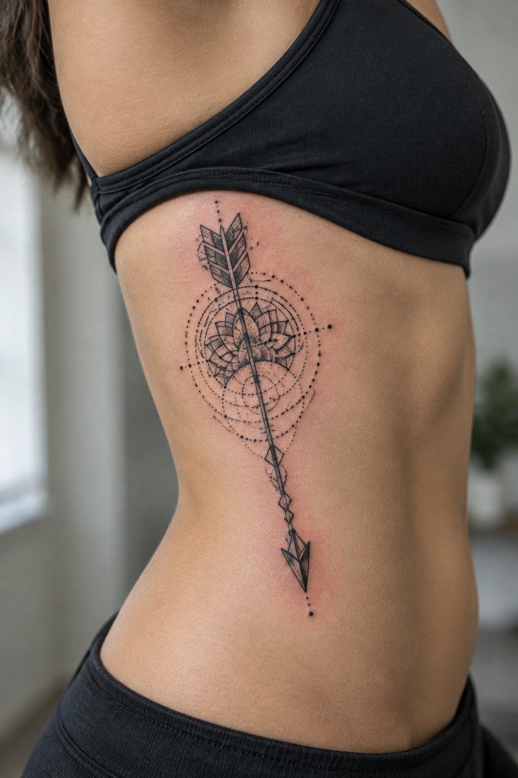 Fine-line arrow tattoo running down a woman’s ribs through a lotus flower and dotted geometric circles.