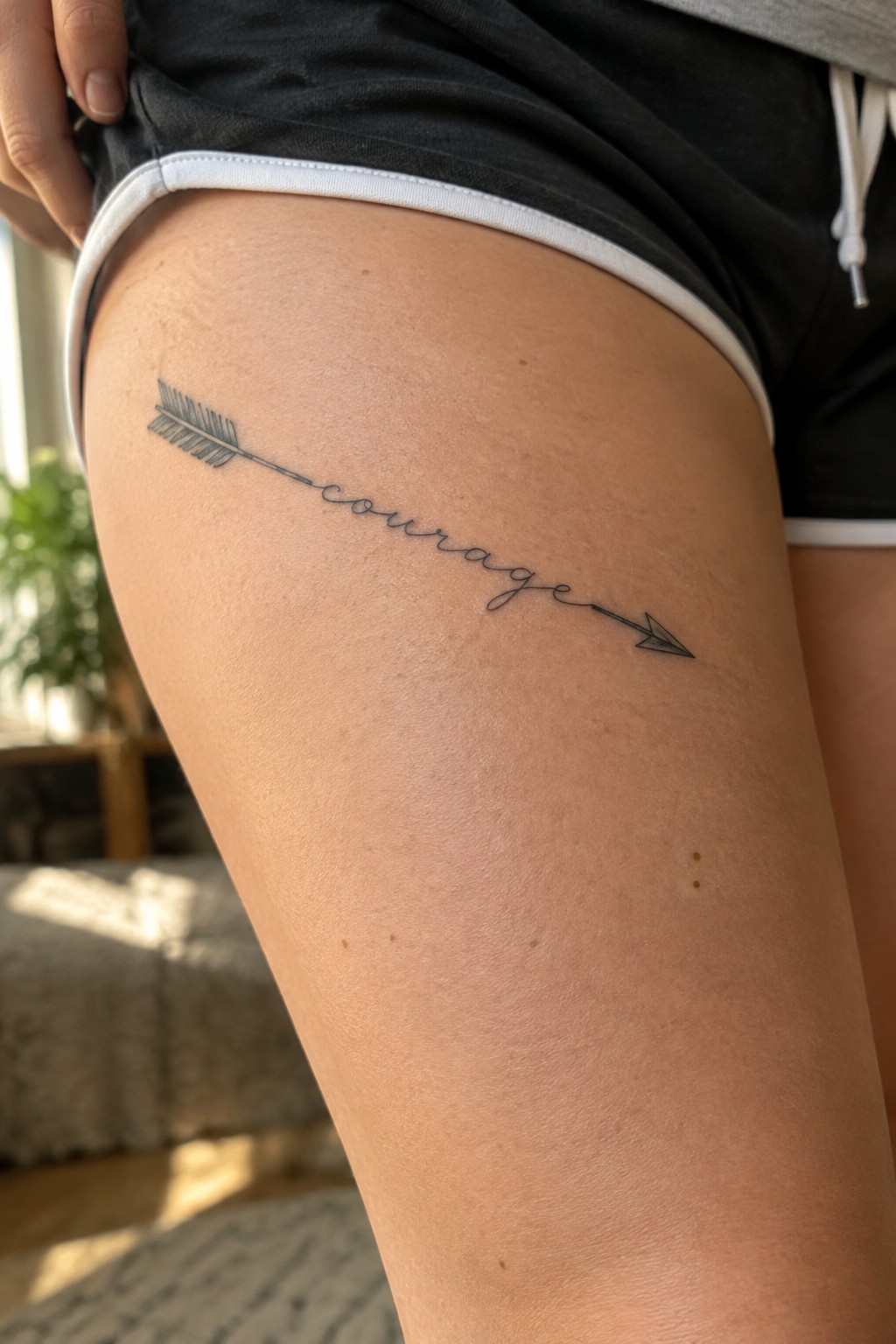 Fine-line arrow tattoo with the word “Courage” in cursive across the upper thigh.