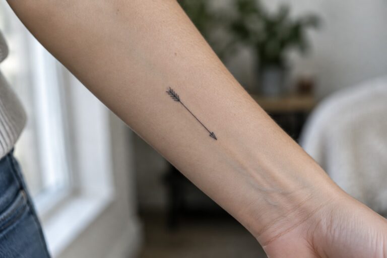 22 Creative Arrow Tattoo Ideas for Women to Symbolize Courage and Forward Progress Small black fine-line arrow tattoo with feather details on the inner forearm.