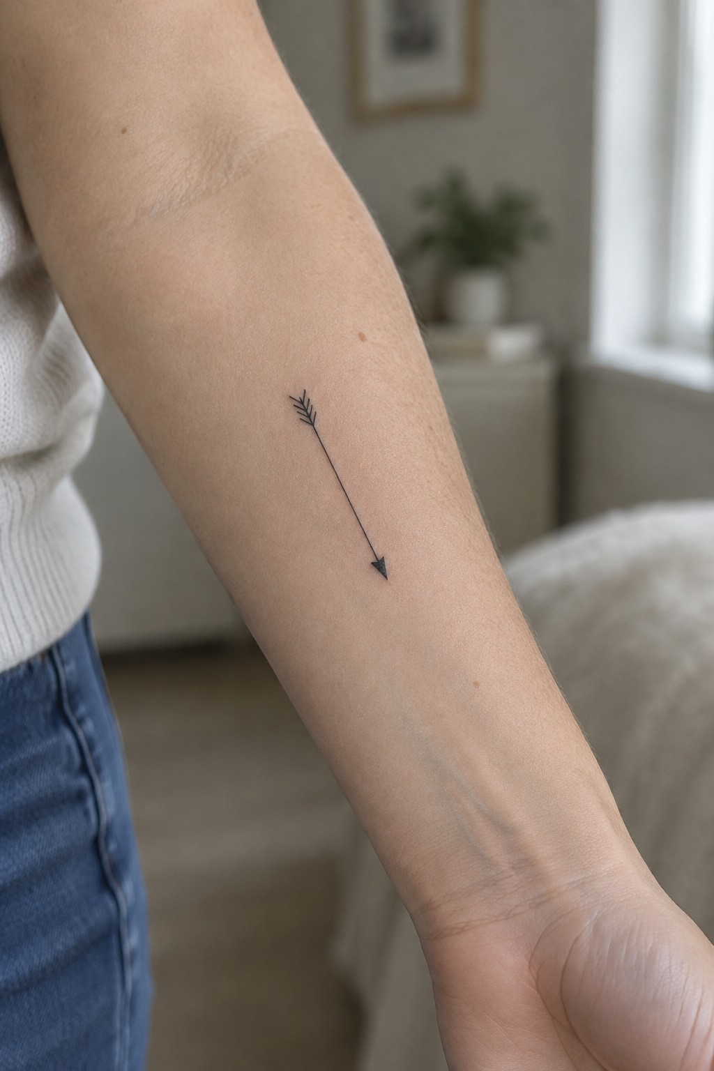 Small black fine-line arrow tattoo with feather details on the inner forearm.