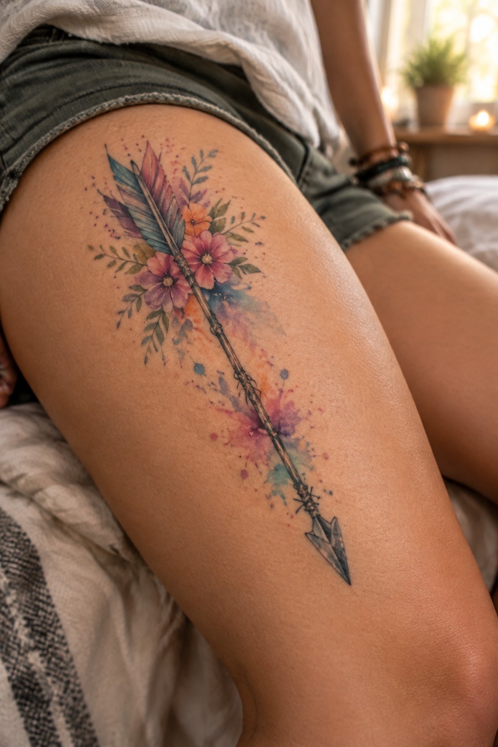 A long arrow tattoo with pink flowers, leafy details, and watercolor splashes running diagonally down a woman’s thigh.