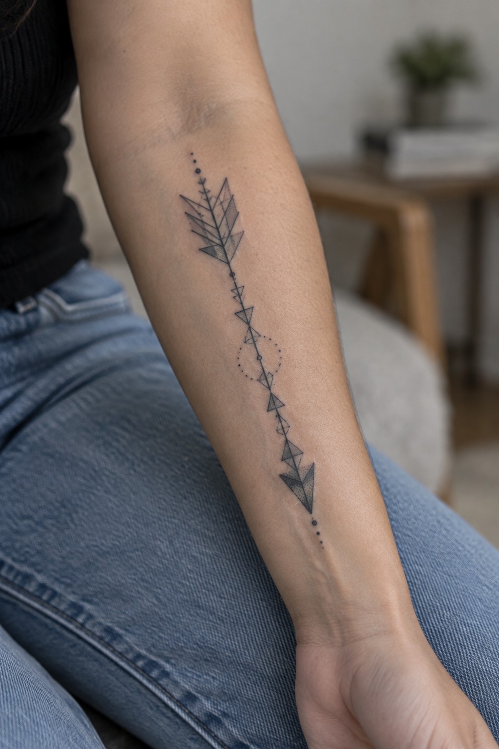 Geometric fine-line arrow tattoo with dotted accents running lengthwise along a woman’s forearm.