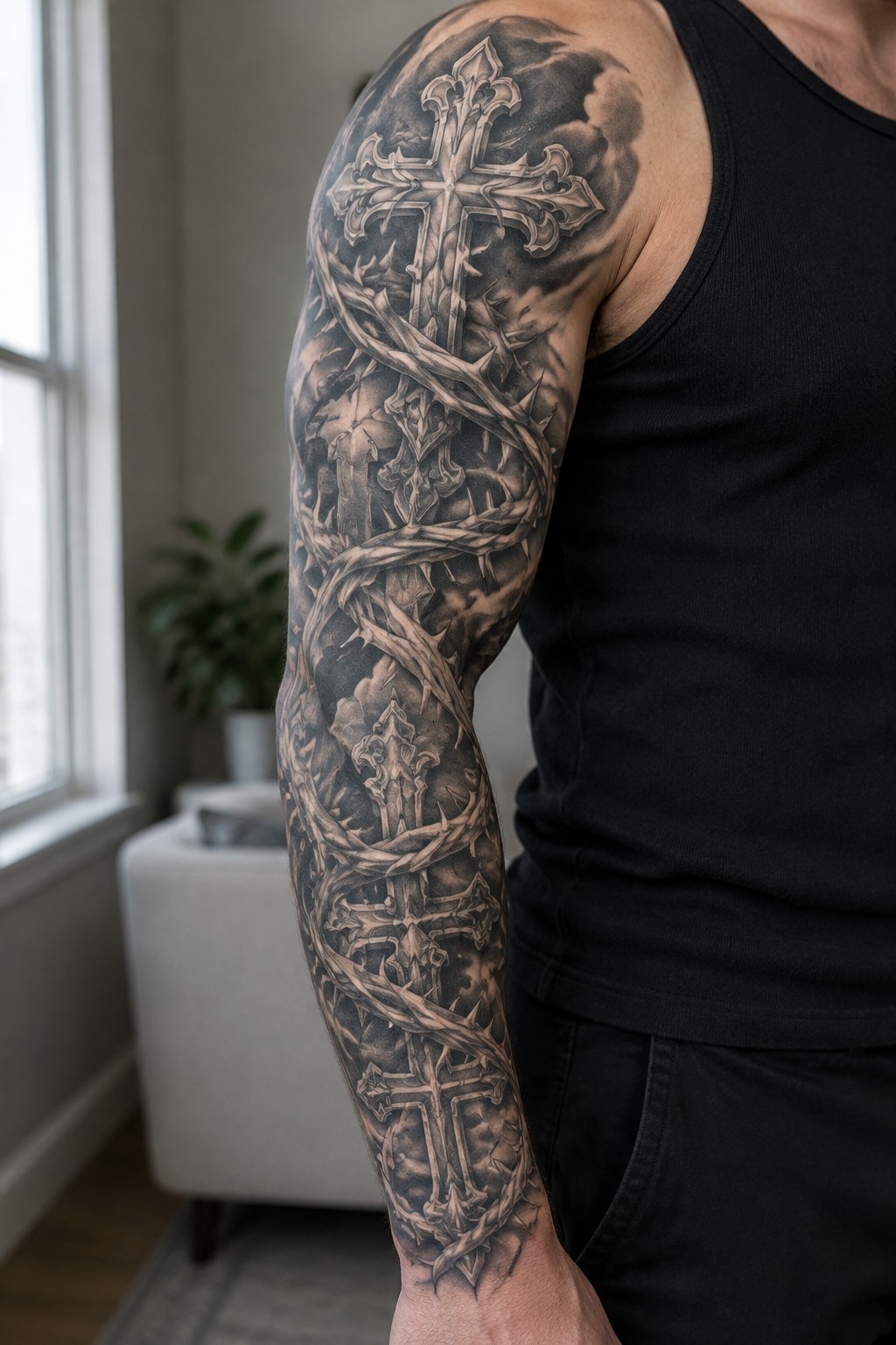 Muscular arm with ornate cross and barbed wire tattoo beneath black tank top